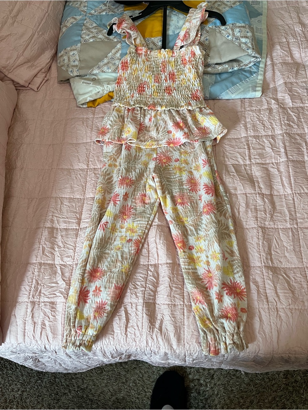 btween Floral Ruffle Smocked Jumpsuit in Cream, Pink & Yellow